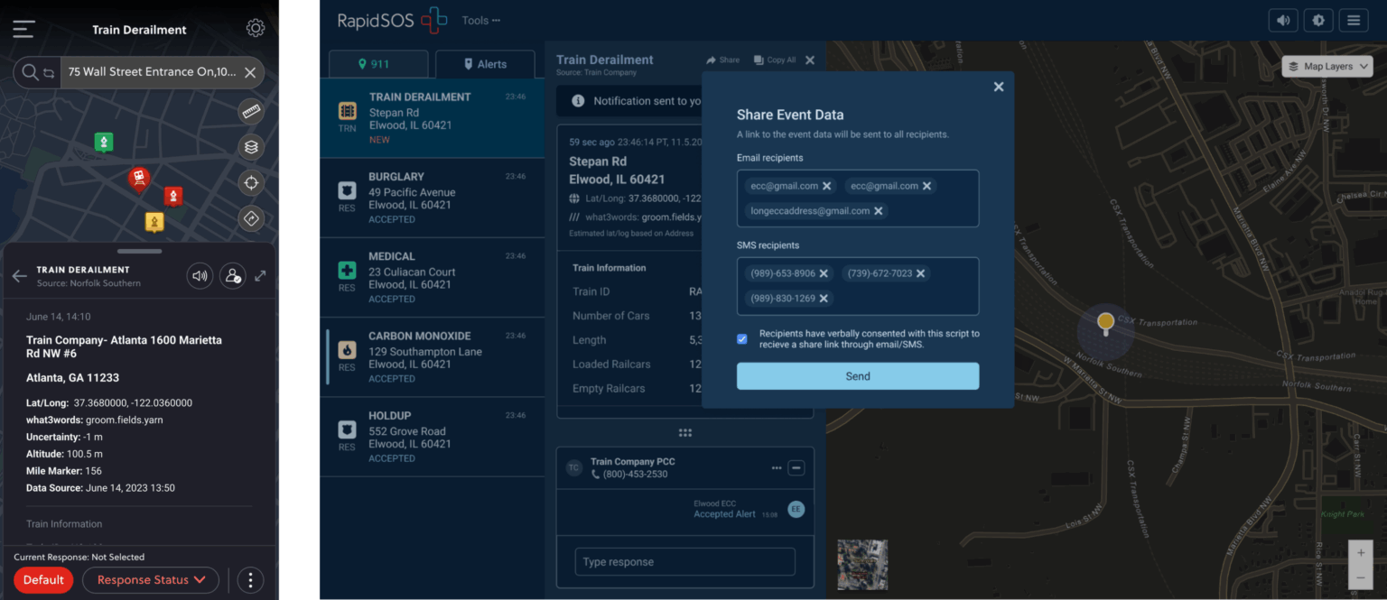screenshots demonstrating how RapidSOS enables telecommunicators to efficiently share incident data