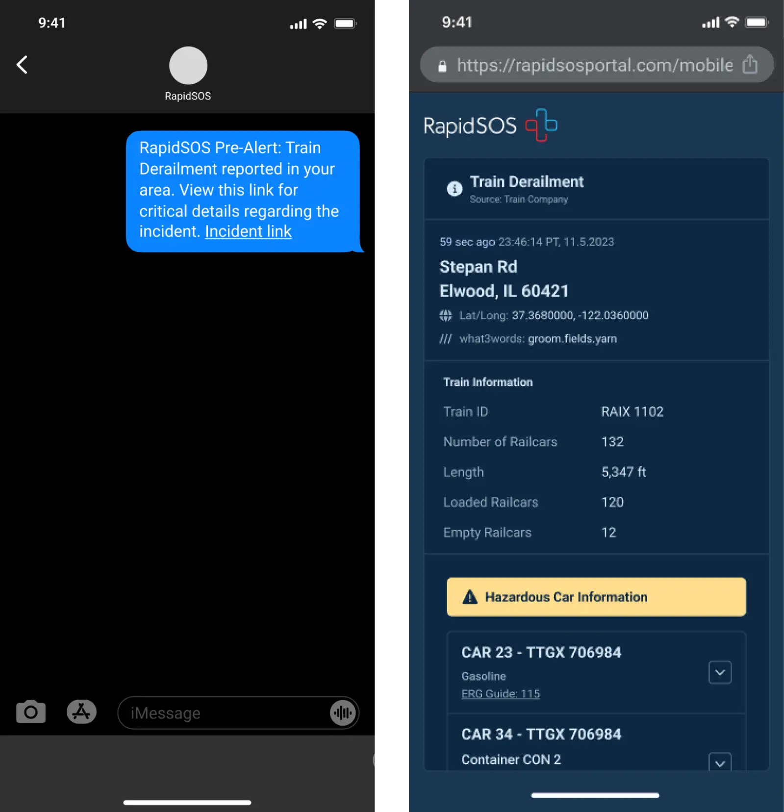 screenshots of RapidSOS alert for train derailment