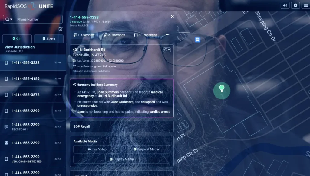 modern overlay of RapidSOS interface over a telecommunicators face
