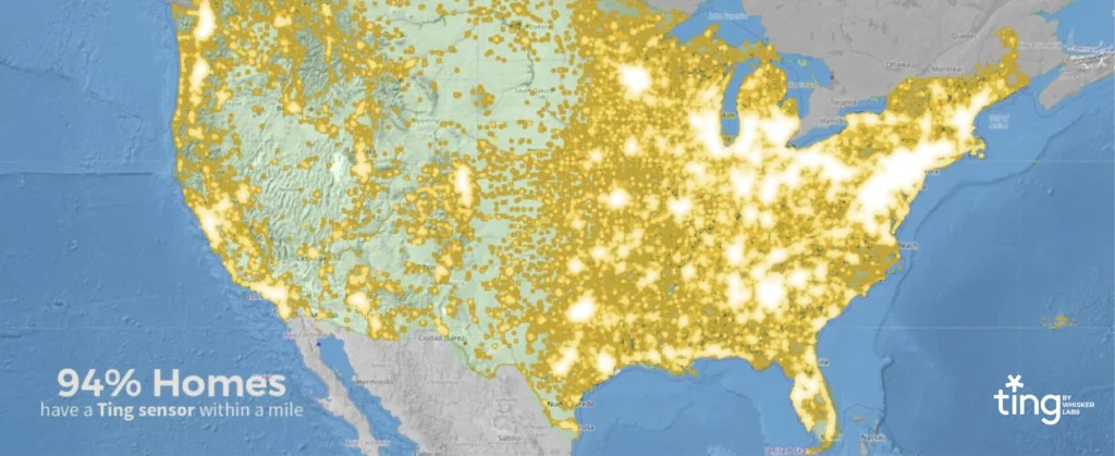 Ting Sensor Heat Map wider claim: 94% of homes have a Ting sensor within a mile