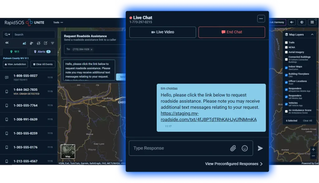RapidSOS UNITE screen showing a live chat between the telecommunicator and the 911 caller asking for assistance. The telecommunicator sends the caller a link to get roadside assistance through RapidSOS UNITE.