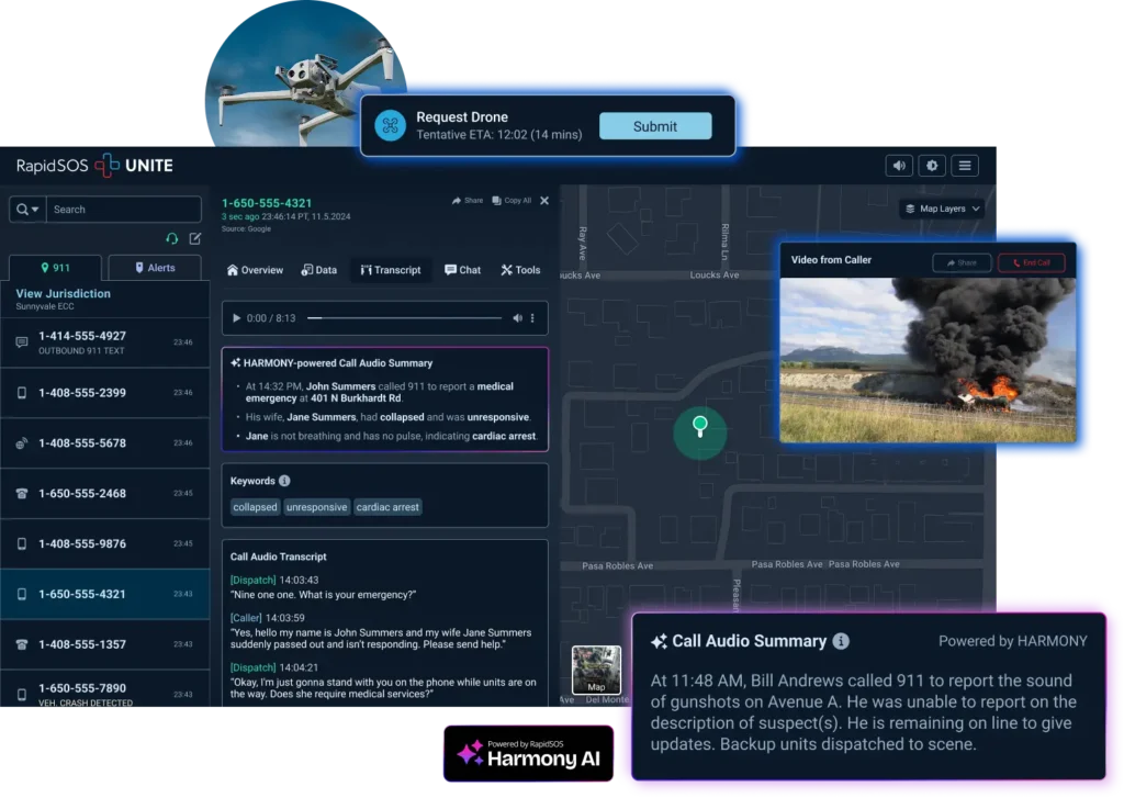 RapidSOS UNITE capabilities: Video, HARMONY AI, Drone deployment and real-time responder tracking