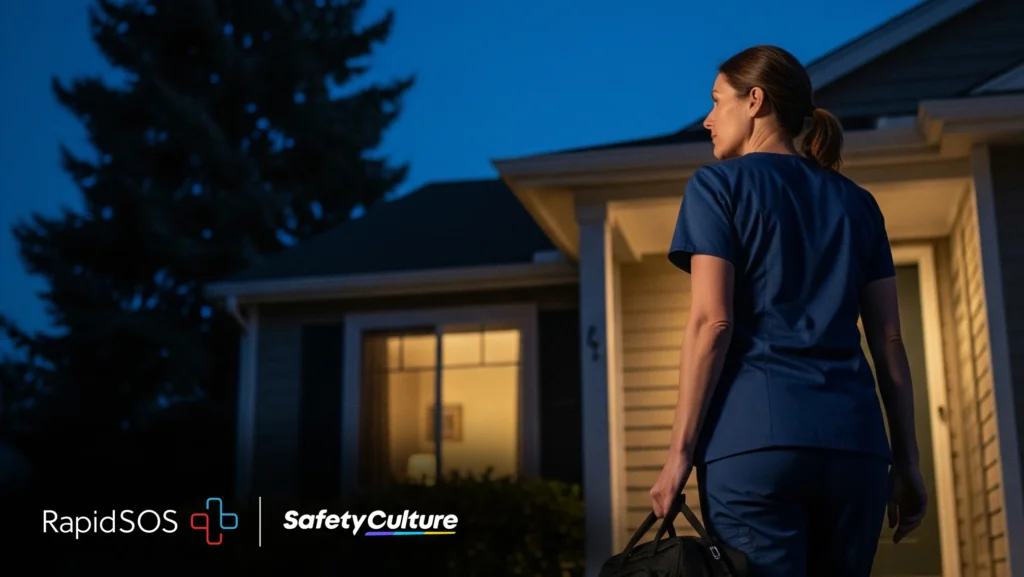 Featured image: How SafetyCulture Proves the ROI of Worker Safety Programs. Lone worker, a nurse, approaching a home to deliver medical care