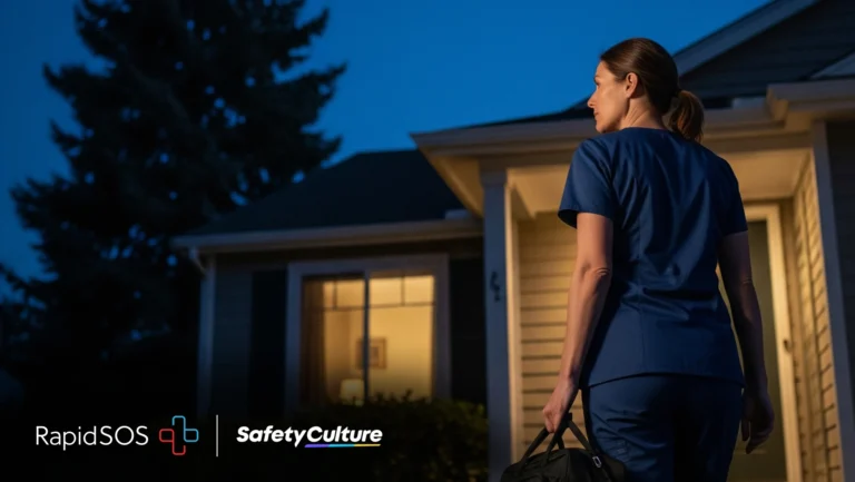 Featured image: How SafetyCulture Proves the ROI of Worker Safety Programs. Lone worker, a nurse, approaching a home to deliver medical care