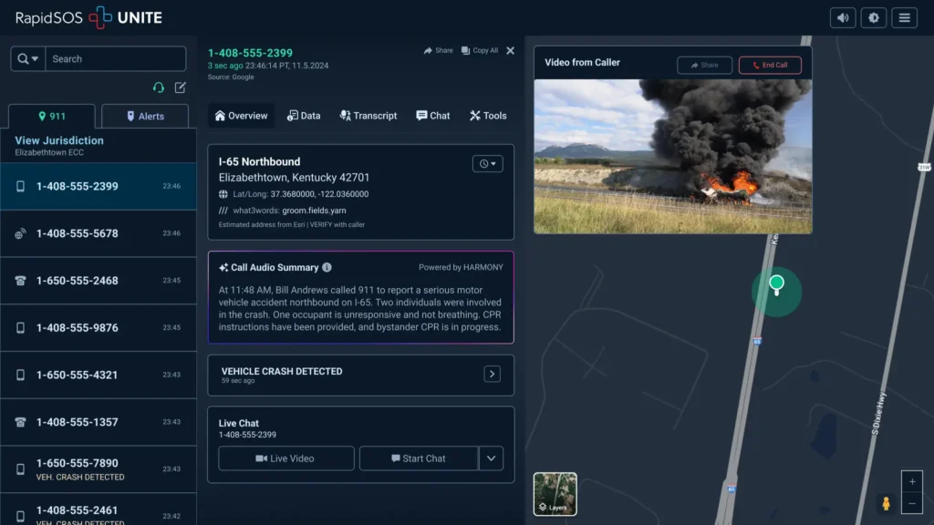 RapidSOS UNITE screen showing Video from caller.