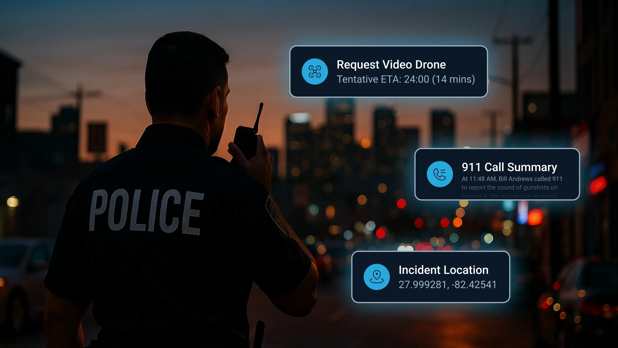 Police officer receiving critical incident data and options: drone assistance, incident coordinates, and AI summary