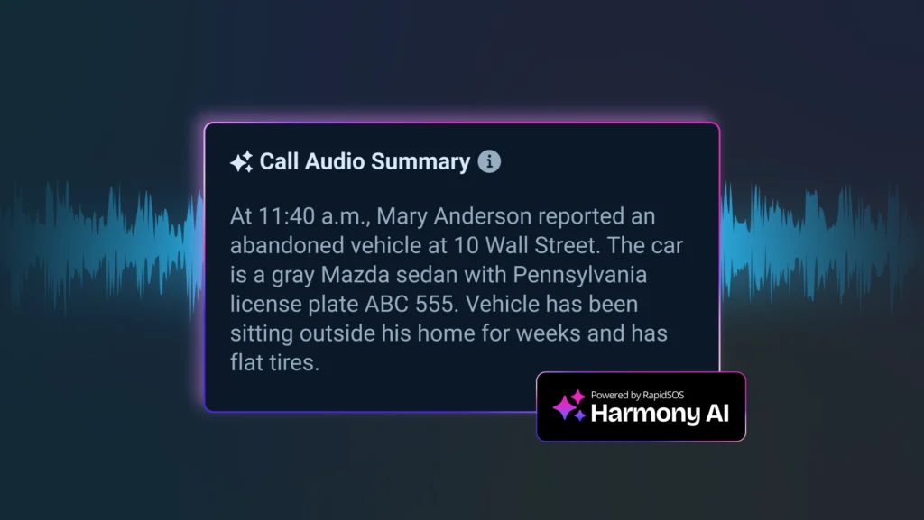 Blog Header: How RapidSOS AI Reduces Admin Call Workload: AI Call summary example: At 11:40 a.m., Mary Anderson reported an abandoned vehicle at 10 Wall Street. The car is a gray Mazda sedan with Pennsylvania license plate ABC 555. Vehicle has been sitting outside his home for weeks and has flat tires.