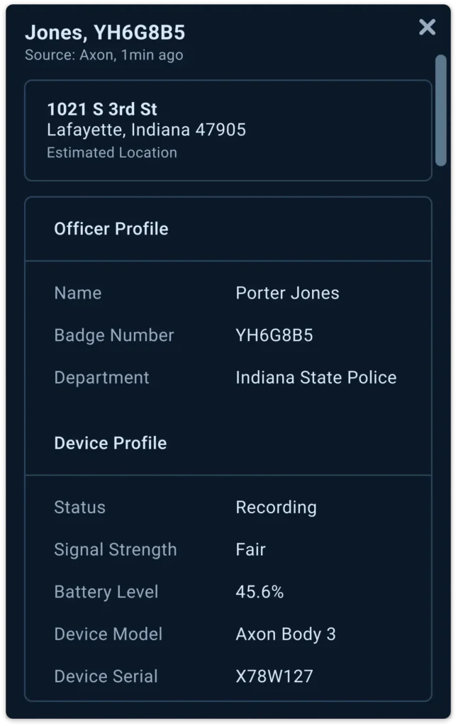 Example of RapidSOS UNITE responder data card with live location and critical information