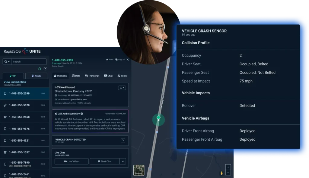 RapidSOS UNITE screen displaying Vehicle Crash Data to 911 telecommunicator