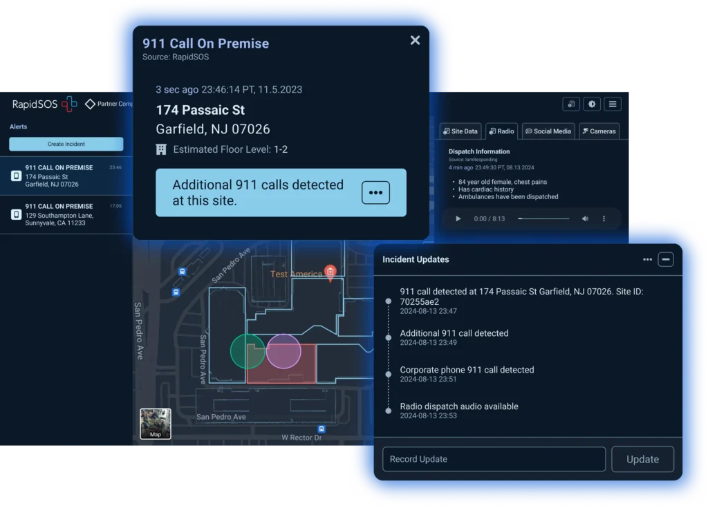 911 Call on Premise: Incident details, map and location, radio transmission and more incident data shown